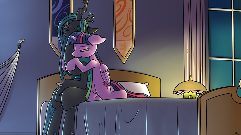 Size: 1920x1080 | Tagged: safe, artist:dmann892, derpibooru import, queen chrysalis, twilight sparkle, twilight sparkle (alicorn), alicorn, pony, anatomically incorrect, bed, fanfic art, female, incorrect leg anatomy, lesbian, mare, shipping, twisalis