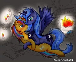 Size: 1600x1295 | Tagged: suggestive, artist:anibaruthecat, derpibooru import, princess luna, oc, oc:sentinel shield, book, candle, canon x oc, fireplace, s1 luna, sentiluna, shipping, spill, spilled ink