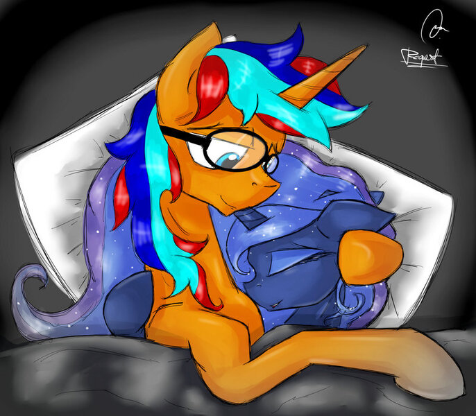 Size: 800x700 | Tagged: safe, artist:asadama, derpibooru import, princess luna, oc, oc:sentinel shield, bed, canon x oc, cuddling, happy, sentiluna, shipping, snuggling, under the covers