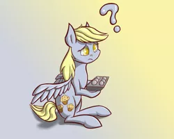 Size: 2500x2000 | Tagged: safe, artist:kopaleo, derpibooru import, derpy hooves, pegasus, pony, bubble, confused, female, food, mare, muffin, question mark, sad, solo