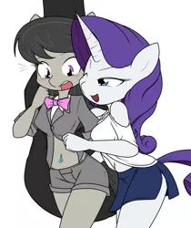 Size: 1037x1236 | Tagged: suggestive, artist:sandwich-anomaly, derpibooru import, octavia melody, rarity, anthro, earth pony, unicorn, assisted exposure, background pony, belly button, bellyring, blushing, bowtie, clothes, embarrassed, female, lesbian, long hair, midriff, open mouth, piercing, raritavia, shipping, shorts, side slit, simple background, skirt, wink