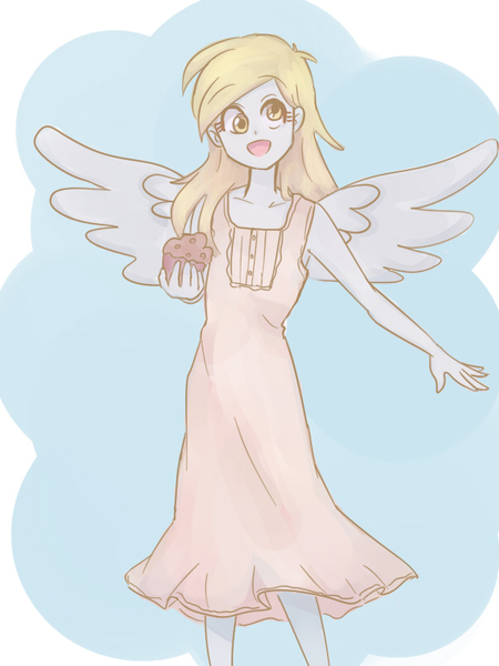 Size: 600x800 | Tagged: safe, artist:kukutjulu01, artist:misochikin, derpibooru import, derpy hooves, equestria girls, angel, beautiful, blonde, blushing, clothes, cute, derpabetes, dress, food, happy, looking at you, muffin, open mouth, smiling, solo, spread wings, wings