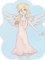 Size: 600x800 | Tagged: safe, artist:kukutjulu01, artist:misochikin, derpibooru import, derpy hooves, equestria girls, angel, beautiful, blonde, blushing, clothes, cute, derpabetes, dress, food, happy, looking at you, muffin, open mouth, smiling, solo, spread wings, wings