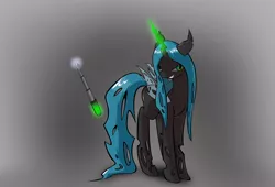 Size: 2500x1700 | Tagged: artist:konik006, changeling, changeling queen, dead source, derpibooru import, evil grin, female, looking at you, magic, queen chrysalis, safe, shock, solo, stick