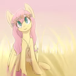 Size: 1300x1300 | Tagged: dead source, safe, artist:infinideer, derpibooru import, fluttershy, pegasus, pony, eye clipping through hair, female, floral head wreath, flower, full face view, grass, head tilt, hippieshy, looking at you, mare, no more ponies at source, peace, peace symbol, sitting, smiling, solo, wreath