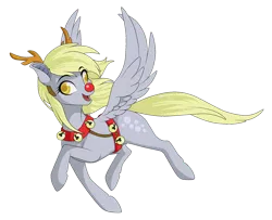 Size: 1300x1054 | Tagged: safe, artist:sugarcup, derpibooru import, derpy hooves, pegasus, pony, female, flying, harness, mare, open mouth, red nose, reindeer antlers, simple background, smiling, solo, transparent background