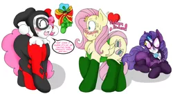 Size: 2794x1517 | Tagged: artist:blackbewhite2k7, blushing, catwoman, christmas, crossover, derpibooru import, female, flutterpie, fluttershy, harley quinn, heartbeat, lesbian, magic, mistletoe, parody, pinkie pie, poison ivy, rarity, safe, shipping