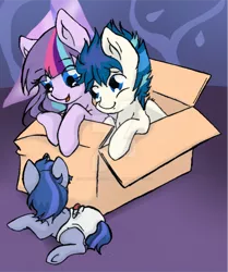 Size: 800x956 | Tagged: artist:castaspellliana, cardboard box, derpibooru import, diaper, foal, oc, oc:astraea shimmer, oc:orion spark, offspring, parent:flash sentry, parents:flashlight, parent:twilight sparkle, safe, unnamed oc, unofficial characters only, watermark