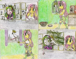 Size: 814x639 | Tagged: safe, artist:meiyeezhu, derpibooru import, fluttershy, lemon zest, bird, cockatoo, equestria girls, friendship games, annoyed, apartment, bad singing, basket, bird cage, cage, cleavage, clothes, comic, covering ears, crystal prep academy uniform, eyes closed, female, frown, glare, gritted teeth, headphones, karaoke, microphone, mouse hole, music notes, old master q, open mouth, parody, pecking, pet, school uniform, screech, singing, skirt, smiling, sour note, squawk, stick, tanktop, traditional art, wavy mouth, wide eyes, window