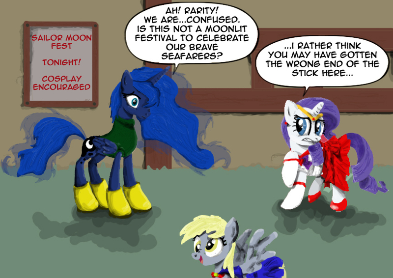 Size: 862x610 | Tagged: artist:matt-doyle, boots, clothes, cosplay, costume, derpibooru import, derpy hooves, dress, princess luna, rarity, safe, sailor, sailor moon, sailor scout, voice actor joke