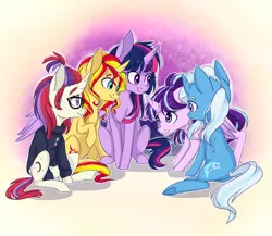 Size: 2300x2000 | Tagged: safe, artist:silbersternenlicht, derpibooru import, moondancer, starlight glimmer, sunset shimmer, trixie, twilight sparkle, twilight sparkle (alicorn), alicorn, pony, unicorn, abstract background, counterparts, cute, dancerbetes, diatrixes, female, frown, glimmerbetes, hilarious in hindsight, hug, magical quintet, mare, raised hoof, shimmerbetes, sitting, smiling, spread wings, sweet dreams fuel, twiabetes, twilight's counterparts, underhoof, unicorn master race, winghug