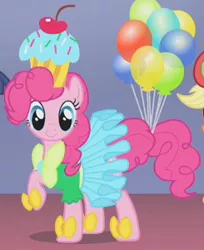 Size: 245x300 | Tagged: safe, derpibooru import, screencap, pinkie pie, earth pony, suited for success, clothes, cropped, cupcake, dress, food, gala dress, hat, outfit catalog, raised hoof, solo