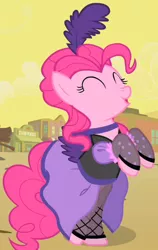 Size: 370x584 | Tagged: safe, derpibooru import, screencap, pinkie pie, earth pony, pony, over a barrel, choker, clothes, cropped, dress, eyes closed, female, mare, outfit catalog, rearing, saloon dress, saloon pinkie, solo, stockings, thigh highs, you gotta share