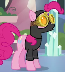 Size: 400x443 | Tagged: safe, derpibooru import, screencap, pinkie pie, earth pony, the crystal empire, agent, clothes, cool, costume, disguise, goggles, outfit catalog, solo, spy
