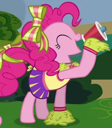 Size: 427x488 | Tagged: safe, derpibooru import, screencap, pinkie pie, earth pony, pony, rainbow falls, bow, cheerleader, cheerleader pinkie, clothes, cute, diapinkes, eyes closed, female, hair bow, mare, megaphone, outfit catalog, pom pom, skirt, solo, tail bow