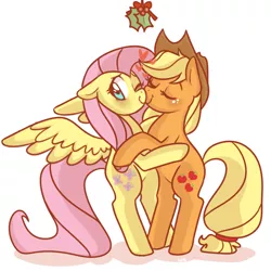 Size: 700x700 | Tagged: applejack, appleshy, artist:waackery, boop, christmas, derpibooru import, eyes closed, female, fluttershy, heart, holly, holly mistaken for mistletoe, hug, lesbian, noseboop, one eye closed, safe, shipping