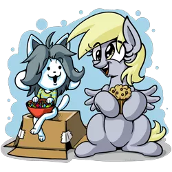 Size: 2000x2000 | Tagged: safe, artist:studlyhorn, derpibooru import, derpy hooves, pegasus, pony, temmie, :3, crossover, female, food, happy, mare, muffin, open mouth, sitting, smiling, temderpy, temmie flakes, undertale