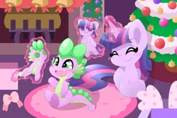 Size: 1600x1067 | Tagged: safe, artist:hungrysohma, derpibooru import, spike, twilight sparkle, dragon, pony, unicorn, hearthbreakers, baby, baby dragon, bell, bells, blushing, christmas, christmas tree, cute, doll, duo, female, fireplace, glowing horn, hearth's warming doll, hearth's warming eve, horn, image, levitation, magic, male, mama twilight, mare, png, ribbon, spikabetes, telekinesis, toy, tree, twiabetes, unicorn twilight