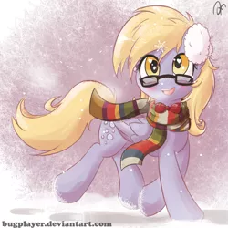 Size: 2300x2300 | Tagged: safe, artist:bugplayer, derpibooru import, derpy hooves, pegasus, pony, blushing, bowtie, bugplayer is trying to murder us, clothes, cute, derpabetes, earmuffs, female, fourth doctor's scarf, glasses, heart eyes, looking at you, mare, scarf, smiling, snow, snowfall, snowflake, solo, wingding eyes, winter