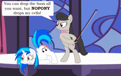 Size: 1200x757 | Tagged: abuse, angry, animated, artist:951oemorafla, bow (instrument), bowtie, caning, derpibooru import, drop the bass, female, mare, missing accessory, octavia melody, public humiliation, pun, punishment, spanking, stage, suggestive, switch, torture, vinylbuse, vinyl scratch, whip marks, wrong eye color