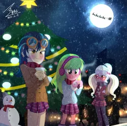 Size: 1100x1089 | Tagged: safe, artist:bluse, derpibooru import, indigo zap, lemon zest, sugarcoat, equestria girls, friendship games, blushing, christmas, christmas tree, clothes, coffee, cookie, crystal prep academy uniform, cute, eating, food, glasses, goggles, moon, santa claus, scarf, school uniform, show accurate, snow, snowfall, snowman, tree, winter