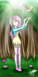 Size: 640x1280 | Tagged: artist:shadow strike, bird, clothes, derpibooru import, flower, fluttershy, forest, freedom, grass, human, humanized, nature, rock, safe, sunshine, sweater, sweatershy, tree