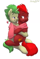 Size: 590x865 | Tagged: safe, artist:hoodoo, derpibooru import, oc, oc:golden heart, oc:storm flare, unofficial characters only, pegasus, pony, unicorn, bedroom eyes, clothes, couple, cuddling, eye contact, gay, male, my little pony, scarf, shared clothing, shared scarf, snuggling, stallion