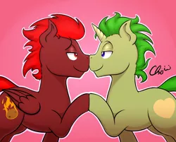 Size: 956x768 | Tagged: safe, artist:nekocrispy, derpibooru import, oc, oc:golden heart, oc:storm flare, unofficial characters only, pegasus, pony, unicorn, boop, couple, eye contact, gay, holding hooves, male, noseboop, romance, shipping, smiling, stallion