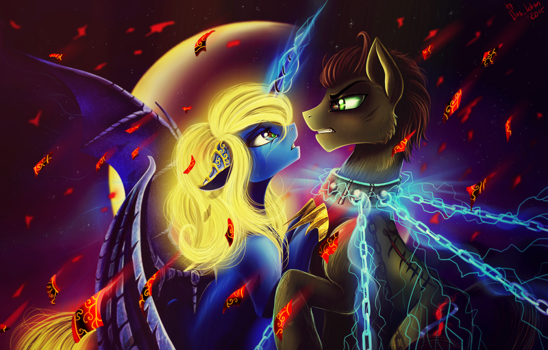 Size: 4500x2880 | Tagged: safe, artist:das_leben, derpibooru import, oc, unofficial characters only, alicorn, bat pony, earth pony, pony, chains, dark, duet, evil, magic