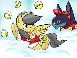 Size: 1024x768 | Tagged: safe, artist:shujiwakahisaa, derpibooru import, ahuizotl, daring do, pegasus, pony, 12 days of christmas, bell, christmas, clothes, costume, darizotl, female, holiday, male, mare, ribbon, santa costume, shipping, straight, twelve days of christmas