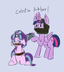 Size: 1575x1759 | Tagged: artist needed, semi-grimdark, derpibooru import, starlight glimmer, twilight sparkle, twilight sparkle (alicorn), alicorn, pony, /pone/, 8chan, allahu akbar, background pony strikes again, bondage, crying, drama, dude not funny, execution, female, floppy ears, gag, gun, horn ring, magic, magic suppression, mare, starlight drama, terrorist, tied up, we are going to hell, weapon