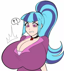 Size: 1280x1415 | Tagged: suggestive, artist:rileyav, derpibooru import, edit, sonata dusk, equestria girls, rainbow rocks, big breasts, blushing, breast expansion, breasts, busty sonata dusk, cleavage, colored, female, growth, huge breasts, human coloration, impossibly large breasts, lip bite, photoshop, ponytail, solo, solo female