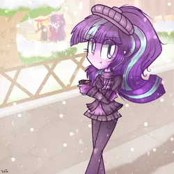 Size: 1000x1000 | Tagged: safe, artist:twilytrinky, derpibooru import, sci-twi, starlight glimmer, sunset shimmer, twilight sparkle, human, equestria girls, clothes, equestria girls-ified, jacket, snow, snowfall, solo