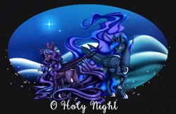 Size: 1024x662 | Tagged: safe, artist:arcadianphoenix, derpibooru import, princess luna, oc, oc:nocte illuminare, alicorn, bat pony, bat pony alicorn, pony, alicorn oc, duo, ethereal mane, fangs, raised hoof, realistic horse legs, starry mane, unshorn fetlocks