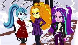 Size: 1080x632 | Tagged: safe, artist:lyricgemva, derpibooru import, adagio dazzle, aria blaze, sonata dusk, equestria girls, snow, the dazzlings, winter