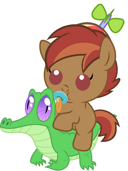 Size: 836x1117 | Tagged: safe, artist:red4567, derpibooru import, button mash, gummy, pony, baby, baby pony, buttonbetes, cute, liquid button, pacifier, ponies riding gators, recolor, riding, weapons-grade cute