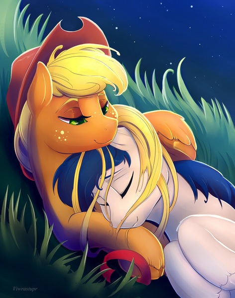 Size: 1500x1908 | Tagged: safe, artist:viwrastupr, derpibooru import, applejack, oc, oc:constance everheart, canon x oc, cuddling, everjack, eyes closed, loose hair, night, shipping, snuggling, stars, unshorn fetlocks