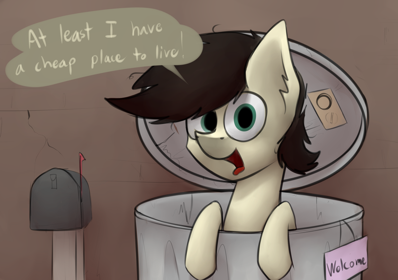 Size: 2399x1687 | Tagged: safe, artist:marsminer, derpibooru import, oc, oc:keith, unofficial characters only, earth pony, pony, dialogue, looking at you, male, open mouth, optimism, smiling, solo, stallion, trash, trash can