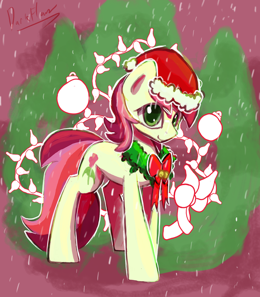 Size: 1400x1600 | Tagged: safe, artist:darkflame75, derpibooru import, roseluck, earth pony, pony, bow, christmas, christmas wreath, cute, cuteluck, female, hat, mare, ornament, santa hat, snow, snowfall, solo, wreath