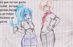 Size: 2209x1417 | Tagged: safe, artist:orochivanus, derpibooru import, ms. harshwhinny, sonata dusk, equestria girls, belly button, clothes, dialogue, gym uniform, lined paper, midriff, short shirt, shorts, spanish, t-shirt, text, traditional art