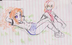 Size: 2257x1417 | Tagged: safe, artist:orochivanus, derpibooru import, adagio dazzle, ms. harshwhinny, equestria girls, clothes, grass, gym uniform, lined paper, on back, shoes, shorts, sneakers, t-shirt, traditional art