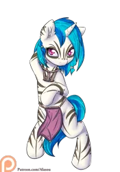 Size: 1050x1500 | Tagged: safe, artist:alasou, deleted from derpibooru, derpibooru import, vinyl scratch, pony, alternate timeline, arm behind head, armpits, bipedal, chrysalis resistance timeline, dancer, ear fluff, loincloth, patreon, patreon logo, simple background, solo, transparent background, tribal