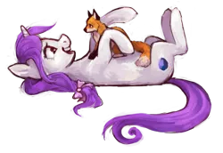 Size: 1215x834 | Tagged: safe, artist:johling, derpibooru import, oc, oc:marshmallow breeze, oc:porzellanfuchs, unofficial characters only, fox, pony, unicorn, on back, simple background, transparent background