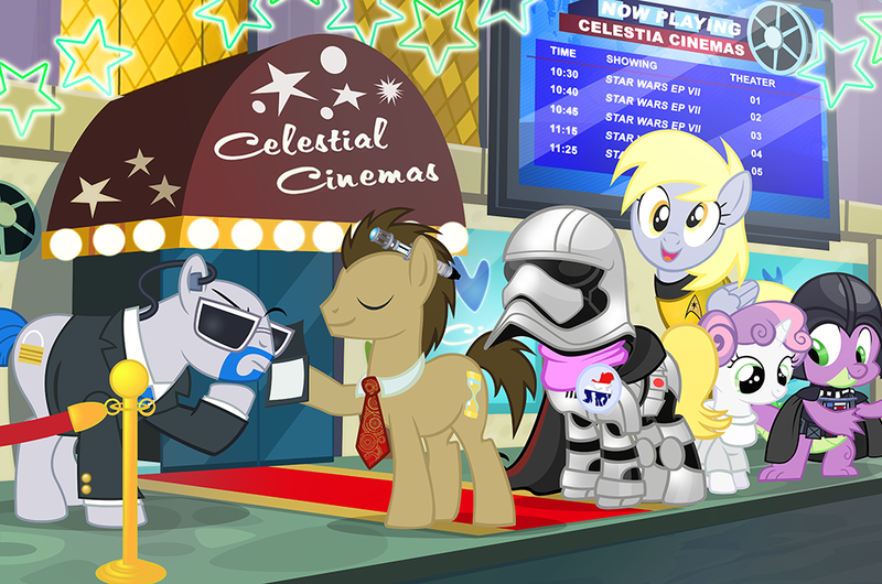 Size: 1000x663 | Tagged: safe, artist:pixelkitties, derpibooru import, derpy hooves, doctor whooves, lockdown, ms. harshwhinny, spike, sweetie belle, time turner, pony, captain phasma, cinema, clothes, costume, darth vader, eyes closed, male, princess leia, psychic paper, sonic screwdriver, stallion, star trek, star wars, star wars: the force awakens, stormtrooper