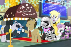 Size: 1000x663 | Tagged: safe, artist:pixelkitties, derpibooru import, derpy hooves, doctor whooves, lockdown, ms. harshwhinny, spike, sweetie belle, time turner, pony, captain phasma, cinema, clothes, costume, darth vader, eyes closed, male, princess leia, psychic paper, sonic screwdriver, stallion, star trek, star wars, star wars: the force awakens, stormtrooper