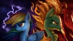 Size: 2560x1440 | Tagged: artist:spectrumblaze, community related, crossover, derpibooru import, duo, fire, lightning, profile, rainbow dash, safe, them's fightin' herds, tianhuo