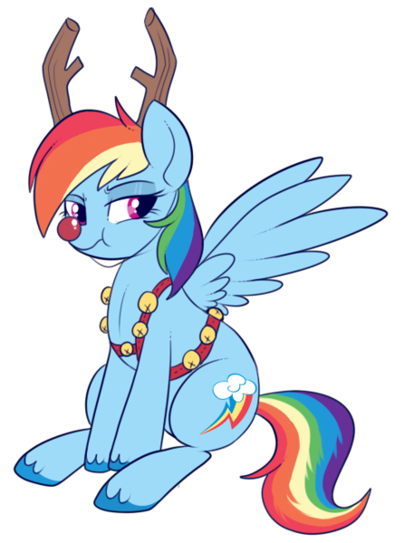 Size: 500x656 | Tagged: safe, artist:lulubell, derpibooru import, rainbow dash, deer, pegasus, pony, reindeer, antlers, backwards cutie mark, bell, female, harness, mare, puffy cheeks, red nose, reindeer dash, rudolph dash, simple background, solo, tack, transparent background, tsunderainbow, unamused