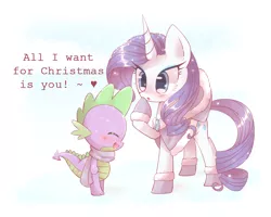 Size: 1000x800 | Tagged: safe, artist:riouku, derpibooru import, rarity, spike, pony, :o, blushing, christmas, clothes, coat, cute, female, heart, hoof boots, male, mare, raised hoof, raribetes, scarf, shipping, sparity, spikabetes, straight