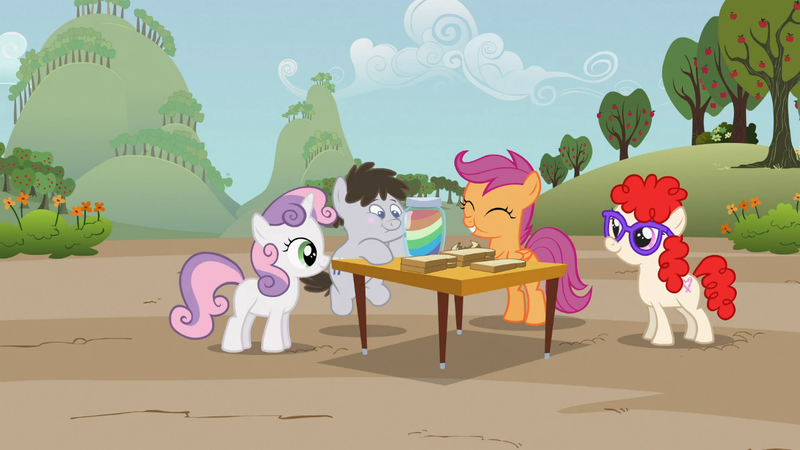 Size: 1366x768 | Tagged: safe, derpibooru import, screencap, scootaloo, sweetie belle, truffle shuffle, twist, earth pony, pegasus, pony, unicorn, family appreciation day, apple, background pony, colt, eyes closed, female, filly, food, jam, male, puffy cheeks, sandwich, zap apple, zap apple jam