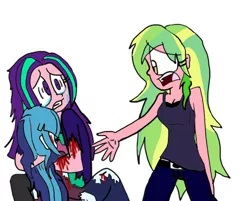 Size: 804x648 | Tagged: grimdark, artist:shonatabeata, derpibooru import, aria blaze, lemon zest, sonata dusk, equestria girls, blood